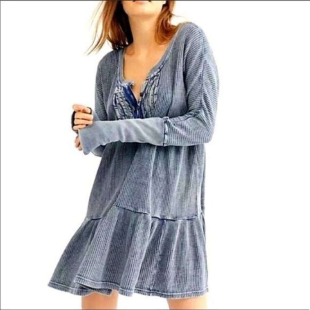 Free People Jolene Waffle Knit Oversized Boho Washed Out Blue Mini Dress XS